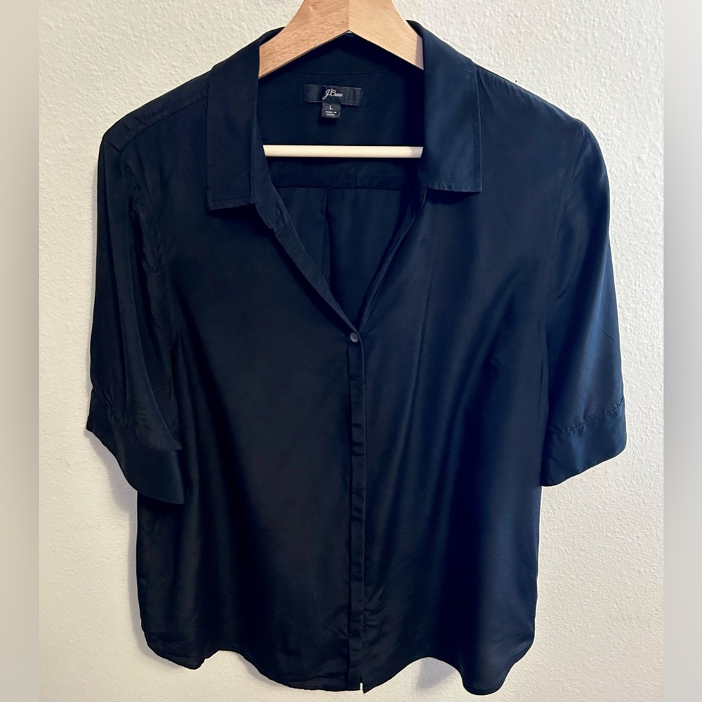 J. Crew 100% Silk Short Sleeve Button Up Shirt size L black